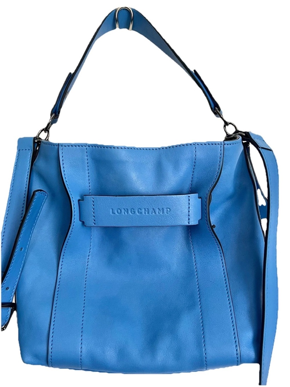 Longchamp 3D Logo Blue Leather Cuir Small Tote Crossbody Bag Purse